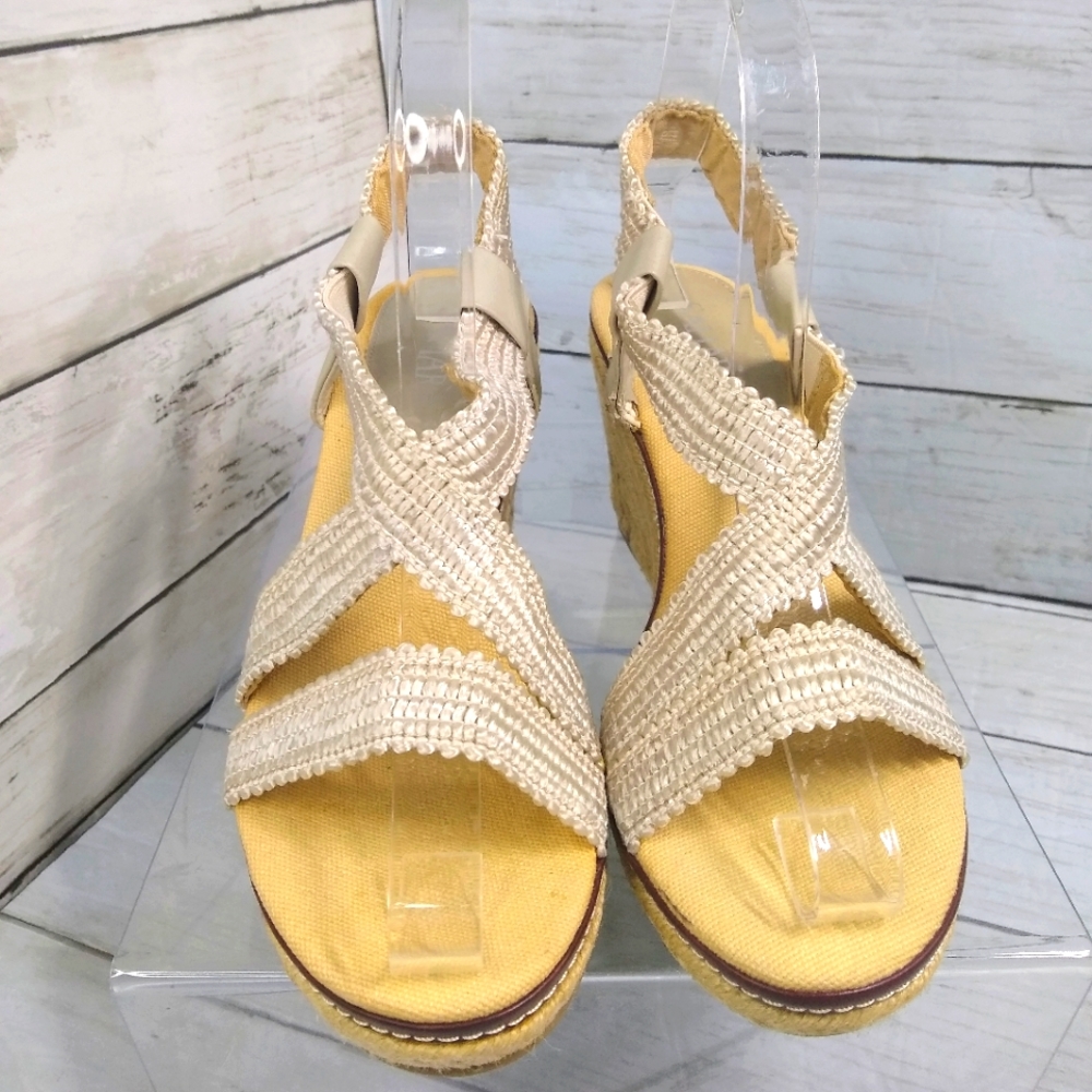 Sahara Jannelle 6.5M BeigeGrey Woven Fabric&Leather SlipOn Wedge Espadrilles